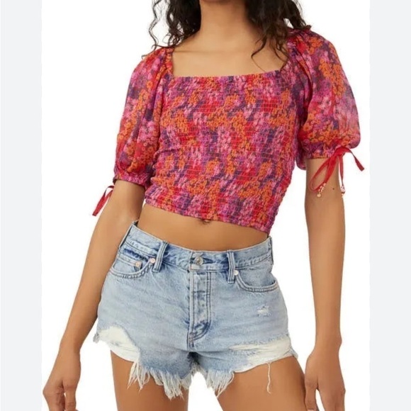 Free People Back On Top Floral Puff Sleeve Crop Top NEW! - Picture 1 of 8